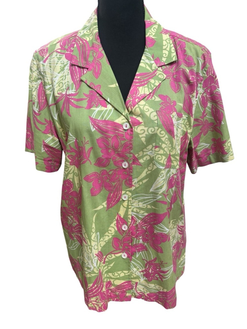 Erika Vintage Green & Pink Floral Button-Down Cotton Hawaiian Shirt Size Large